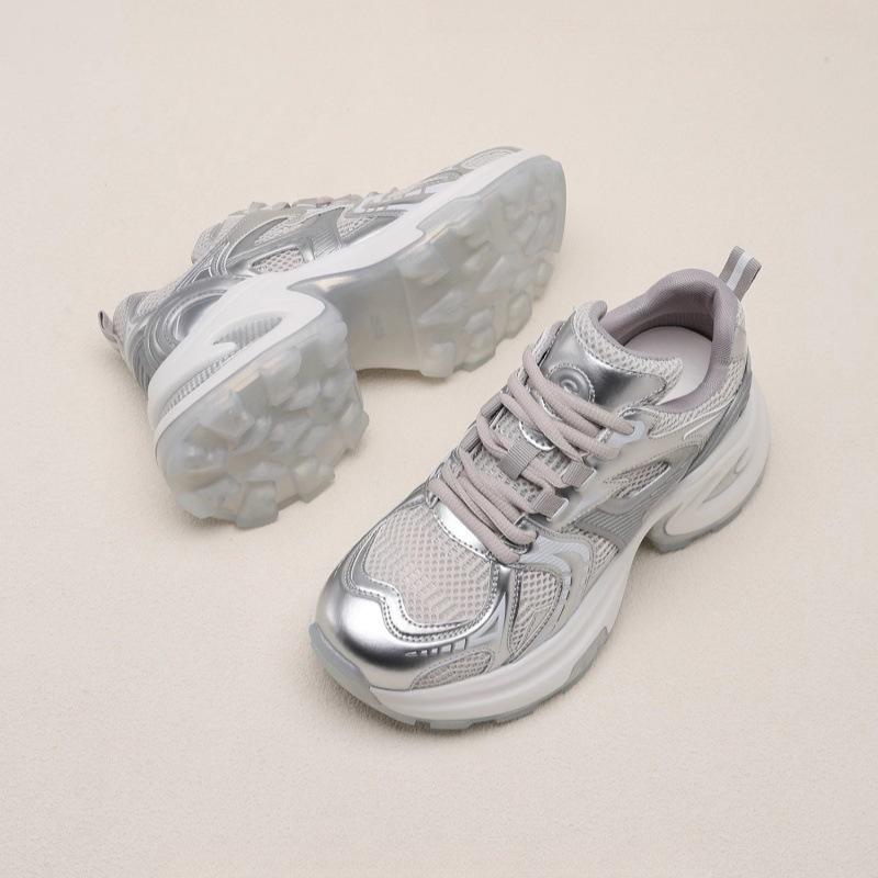 All soft leather~ thick sole inner height increase casual sports shoes women's 2025 spring new mesh breathable fashion dad shoes