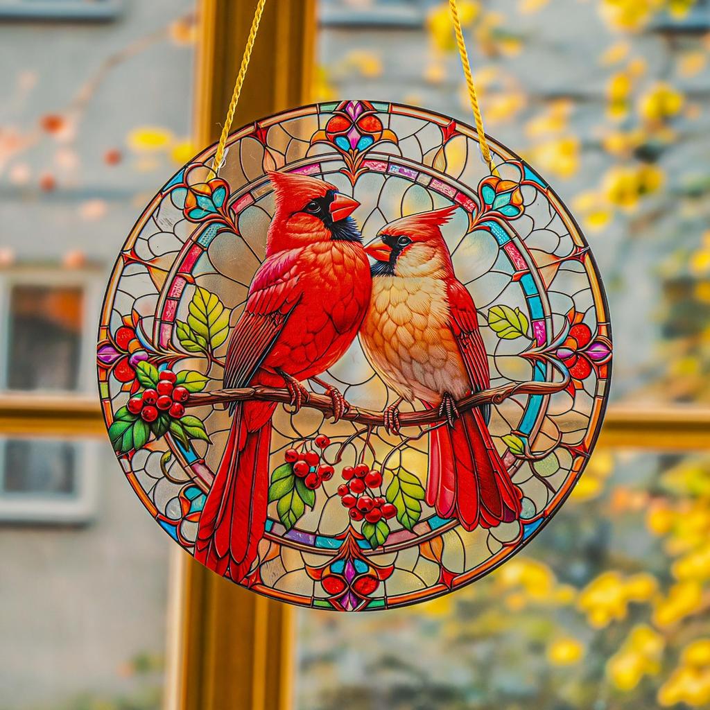 Red Cardinal Suncatcher. Stained glass style acrylic for bird lovers & home decor.