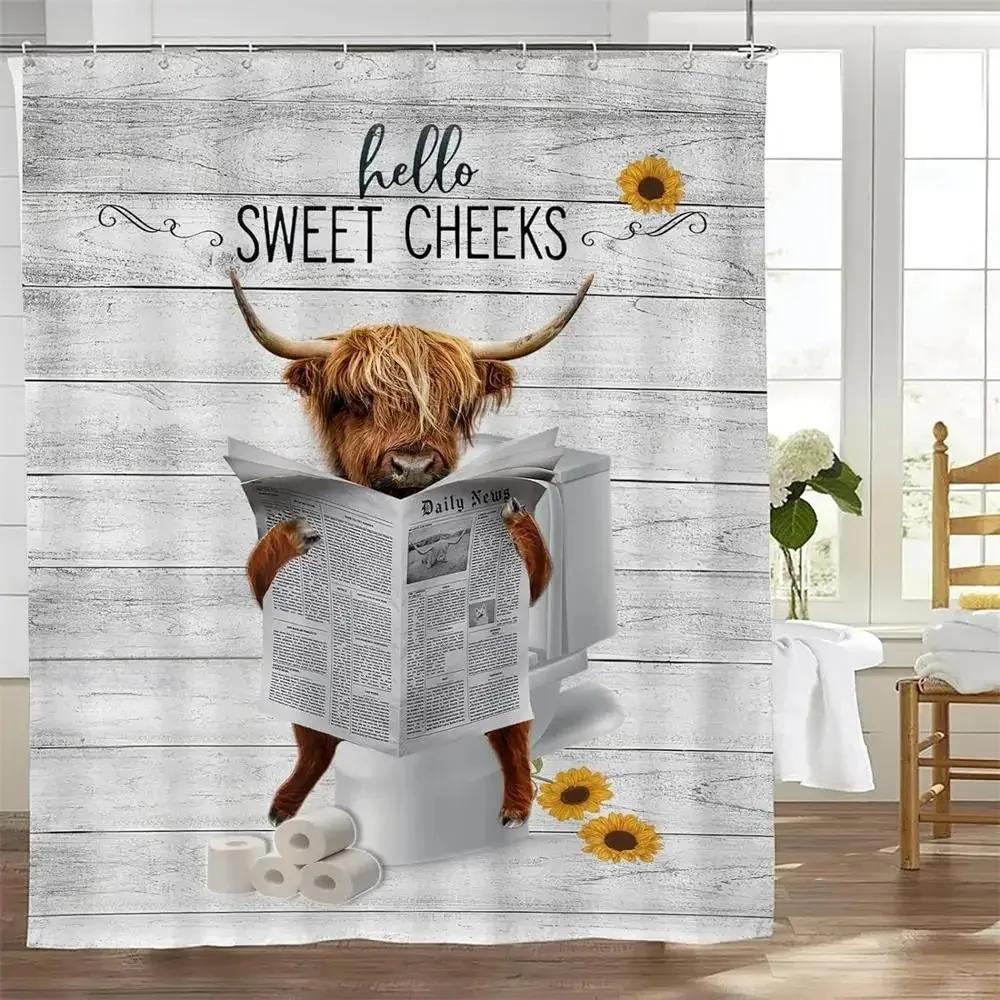 Funny Highland Cow Shower Curtain Farm Animal Sunflower Watercolour Flowers Farmhouse Polyester Fabric Bathroom Decor with Hooks