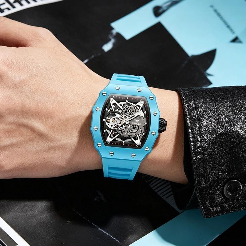 Automatic Skeleton Watch Mens Waterproof Luminous Tonneau Mechanical Wrist Watch Silicone Band