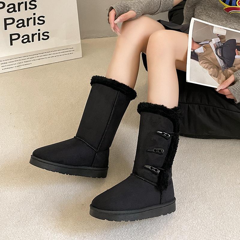 Foreign Trade Large Size Medium Tube Cotton Shoes for Women's Winter New Thickened Warm and Fluffed Button Snow Boots for Women