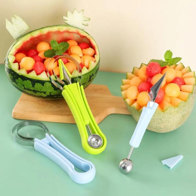Edelstahl Obstschneider 4-in-1 Melonenlöffel Spülmaschinenfest Küchenhelfer Schnitzwerkzeuge für Wassermelone Cantaloupe