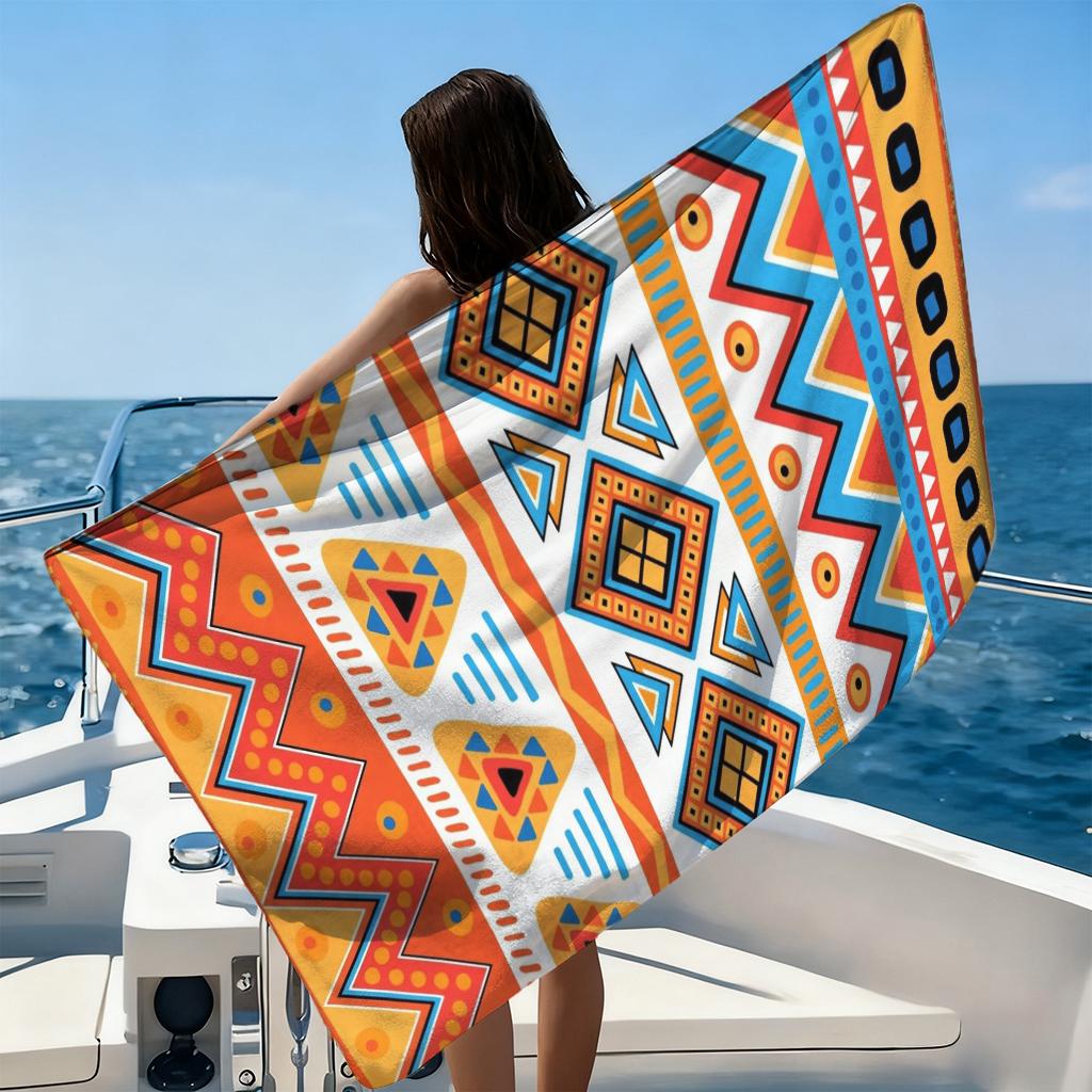Bohemian Geometric Beach Towel, Microfiber Quick Dry Bath Towel, Tribal Aztec Print Towel for Summer