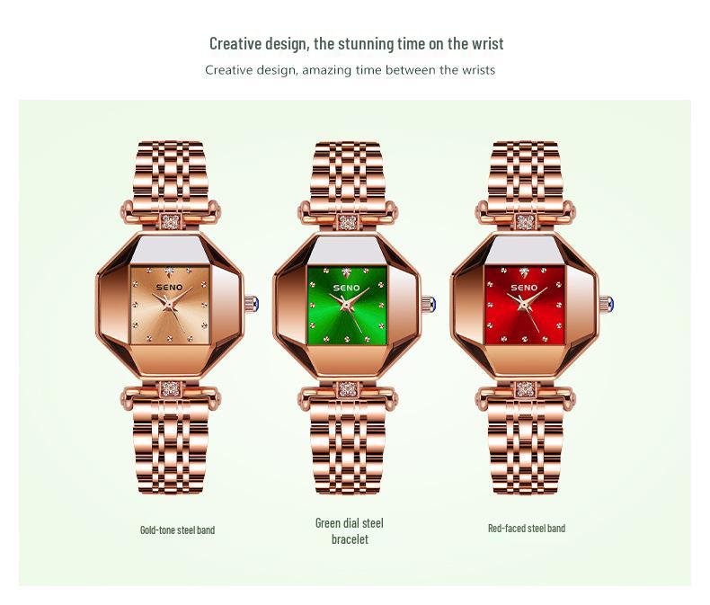 Elegant Women's Steel Band Wristwatch In Pomegranate Red, Champagne Gold & Green