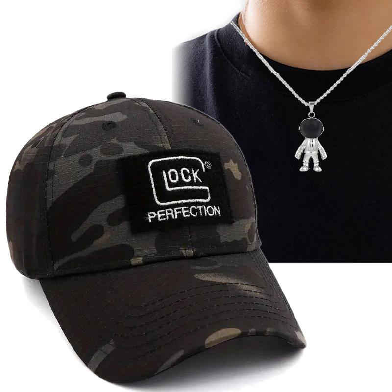 2pcs Men's Women's Baseball Cap Necklace Set Fashion Casual Sports Camouflage Military Cap Small Spaceman Style Necklace Couple Sun Protection Sun Hat