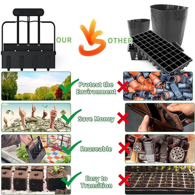 4 Cell Upgraded Soil Block Maker with Comfortable Handle Handheld Soil Blocking Tool for Starting Gardening