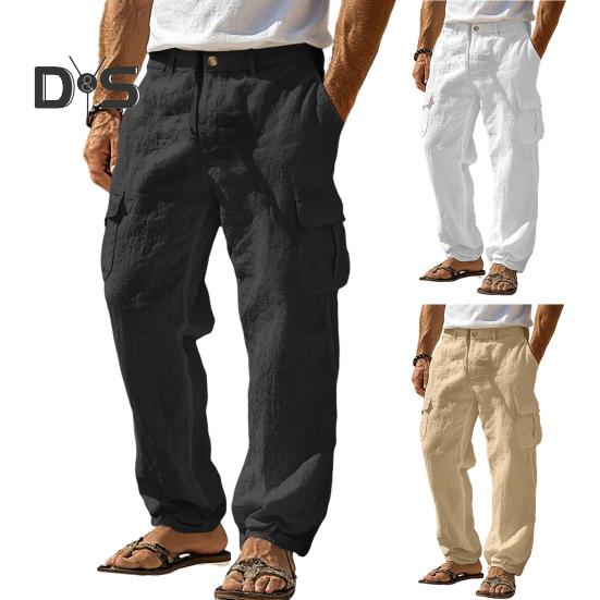 Men's Casual Straight Trousers Solid Color Streetwear Pants Loose Fit Beach Style Pants with Multiple Pockets for Fitness Travel Daily Wear