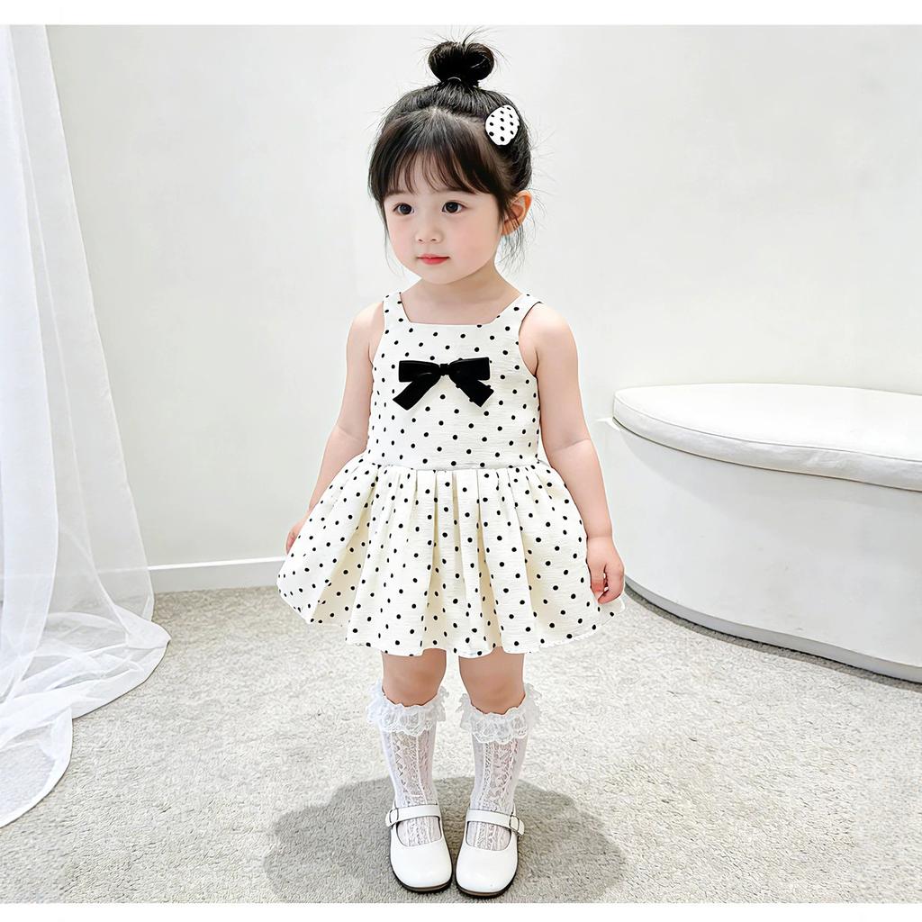 Mädchen Sommer gepunktetes Kleid mit Schleife Süßes ärmelloses Westenkleid Kinder Geburtstagsparty Formelles Kleid für Kleinkind Baby
