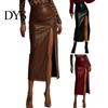 Hip Skirt Midi High Waist Artificial Leather with Slit Design Pure Versatile Color Slimming Fit Office Lady Work Leisure Daily Wear Women Waisted