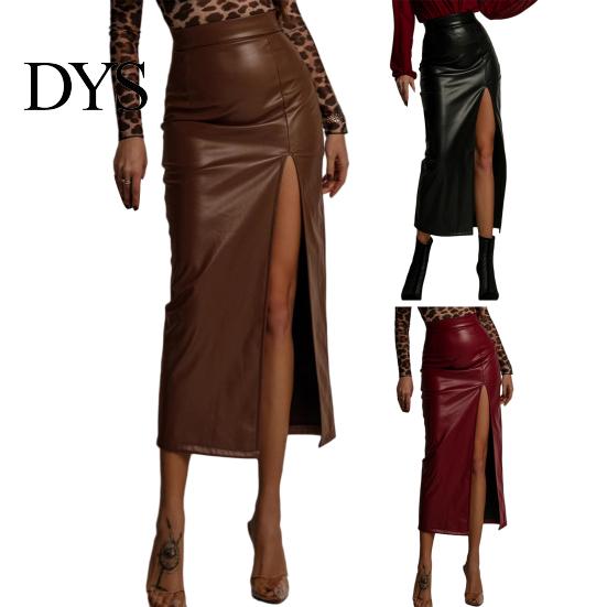 Hip Skirt Midi High Waist Artificial Leather with Slit Design Pure Versatile Color Slimming Fit Office Lady Work Leisure Daily Wear Women Waisted
