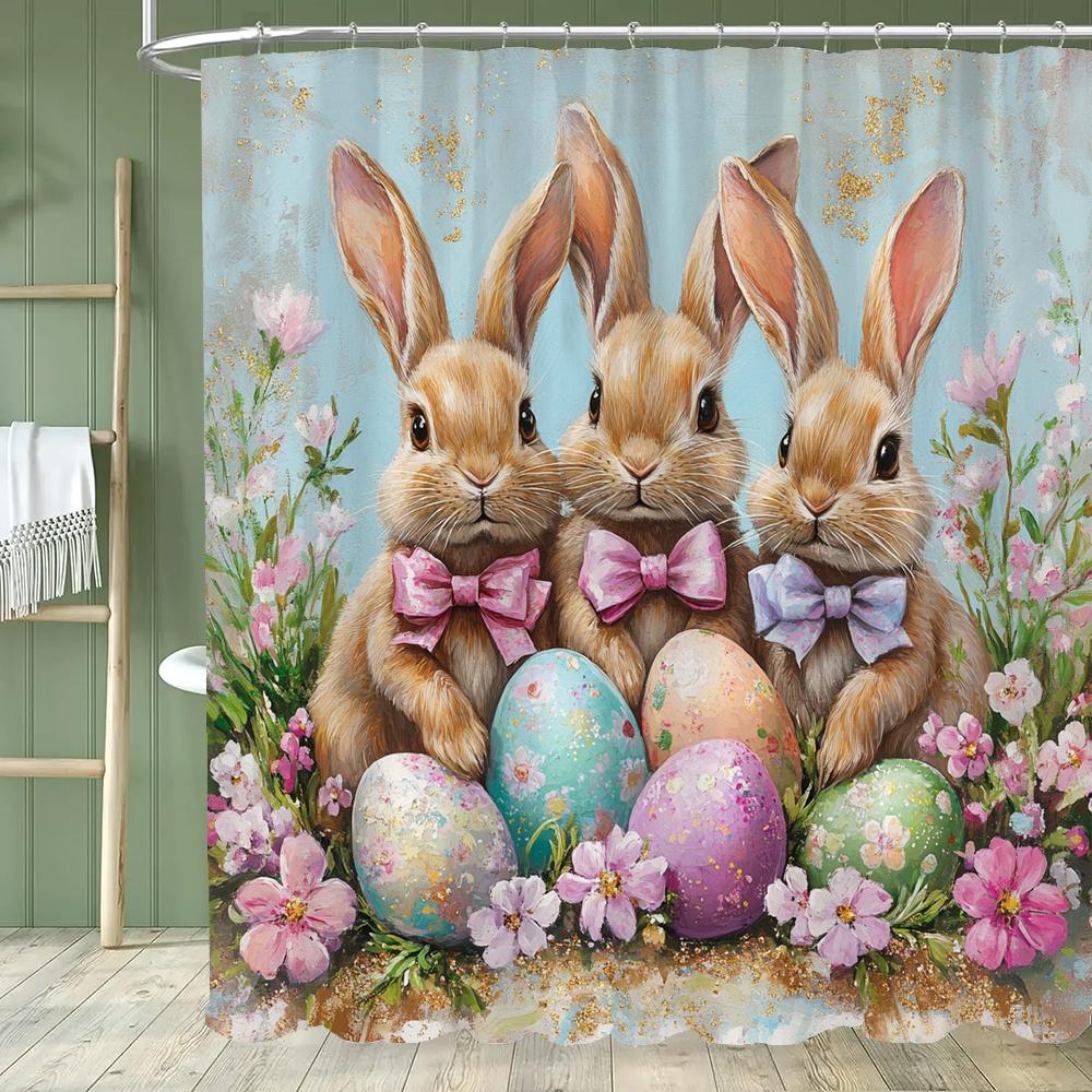 Paaseieren Douchegordijn, Schattig Konijn Bedrukt Badkamer Decoratief Douchegordijn, Stof Huis Gordijn met Haken