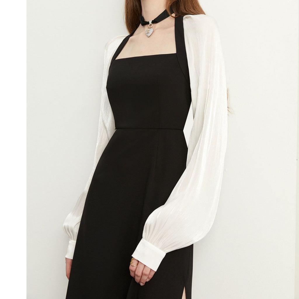 Weißes Kleid mit Laternenärmeln für Damen, Frühling, Vintage, schwarz, Büro, lange Kleider, koreanische Kleidung