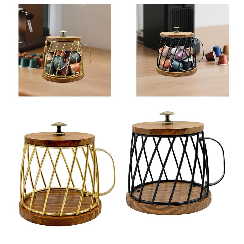 Coffee Pod Holder, Metal Large Capacity Wooden Coffee Capsule Holder Container for Countertop, Kitchen, Cafe, Desktop, Office
