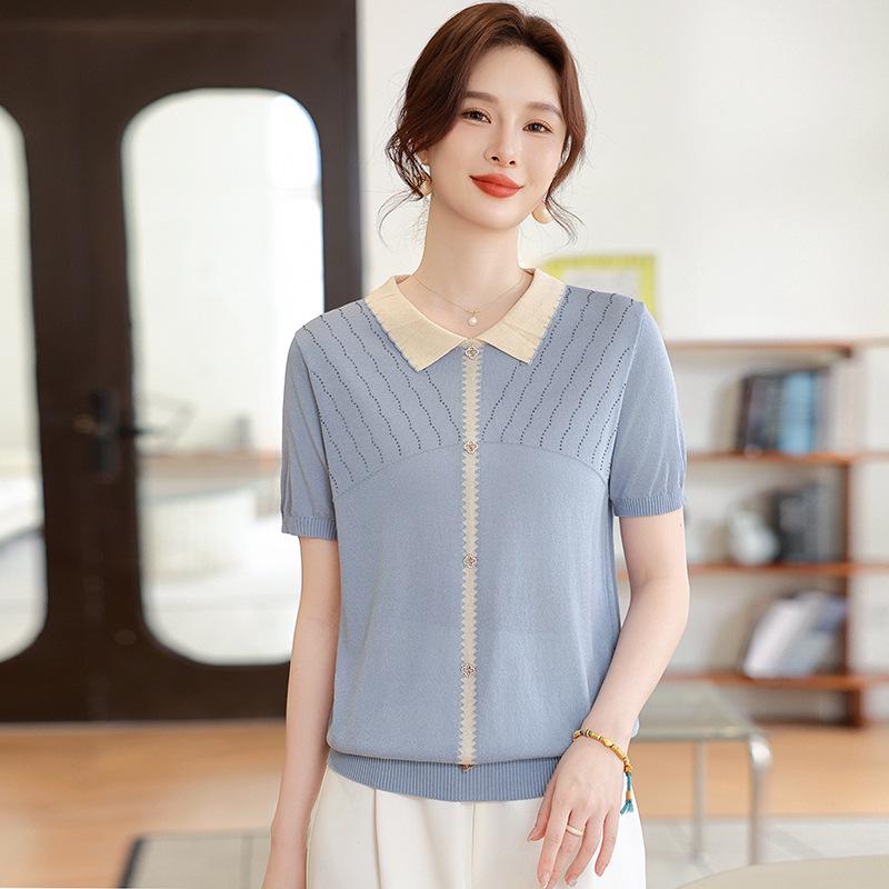 

Ice Silk Knit Short Sleeve T-Shirt - Summer 2026 New Loose Fit for Middle-Aged and Elderly Women 4XL (135-150 lbs)