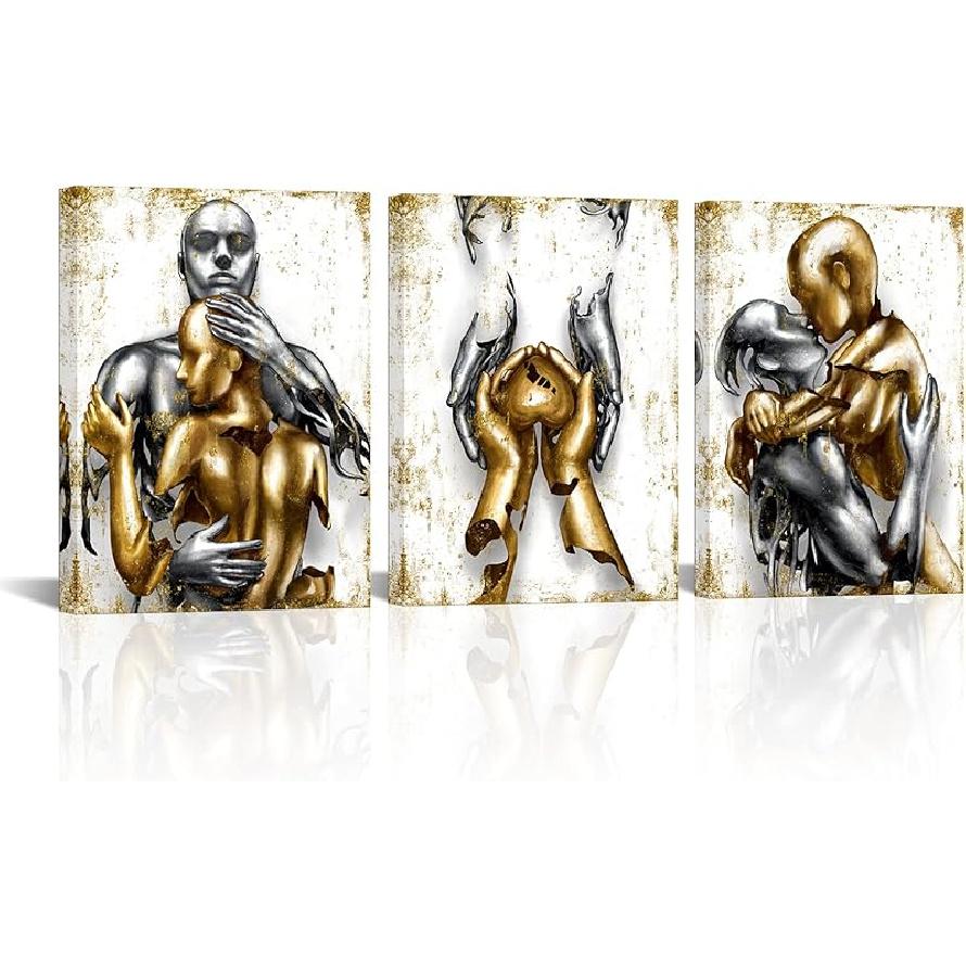 Visual Art Decor Black and Gold Love Decor Grey & Gold Hugging Couple Bedroom Wall Decor Picture Art Prints Framed Canvas Print (Black, 12x16inchx3 12x16inchx3 Pieces