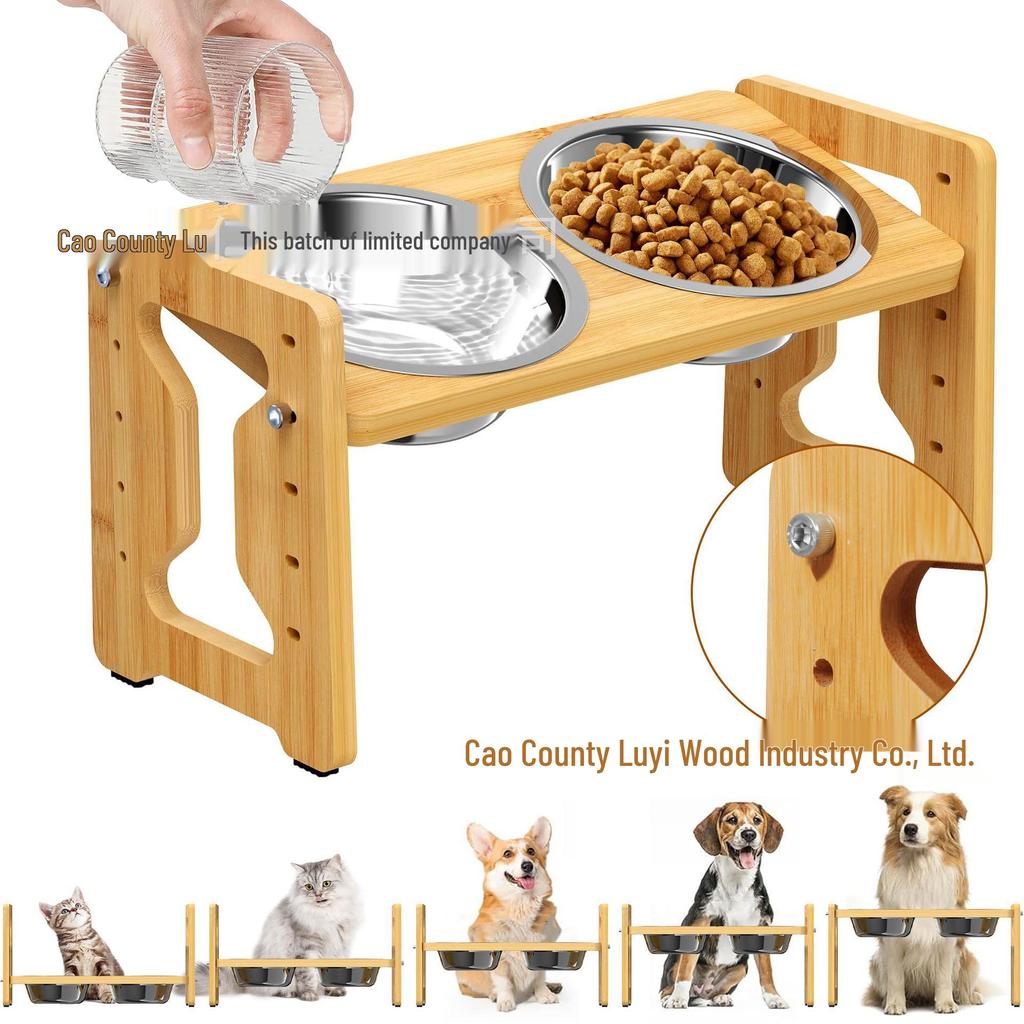 Adjustable Bamboo Dog Bowl Stand