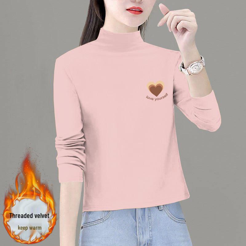 Women's 2024 Autumn/Winter Thick Double-Sided Semi-High Neck Long-Sleeve T-Shirt - Fashionable & Versatile