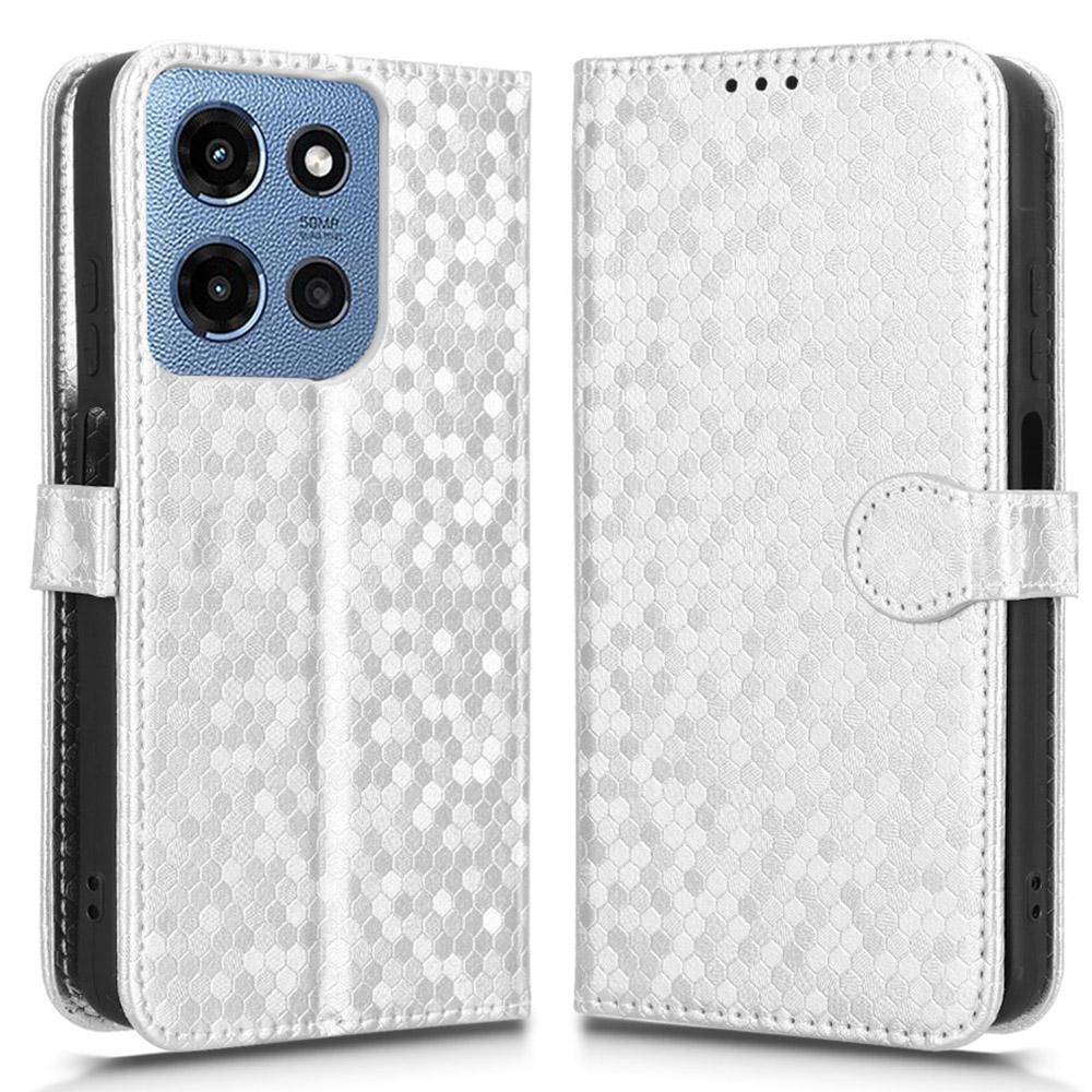 

For Motorola Moto G Power (2025)/G Play (2025) 4G Case Wallet Dot Pattern Imprint PU Leather Phone Cover Silver