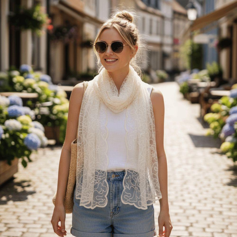 Elegant Embroidered Flower Lace Scarf Lightweight Breathable Mesh Sunscreen Shawl Long Silk Scarf Women