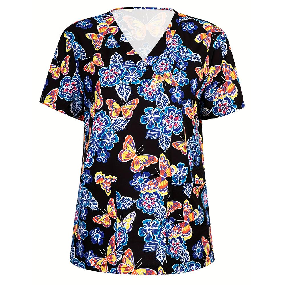 Blouses médicales pour femmes Mode Imprimé floral Tops d'infirmière saine Col en V Manches courtes Poches plaquées T-shirts Uniformes cliniques Femme