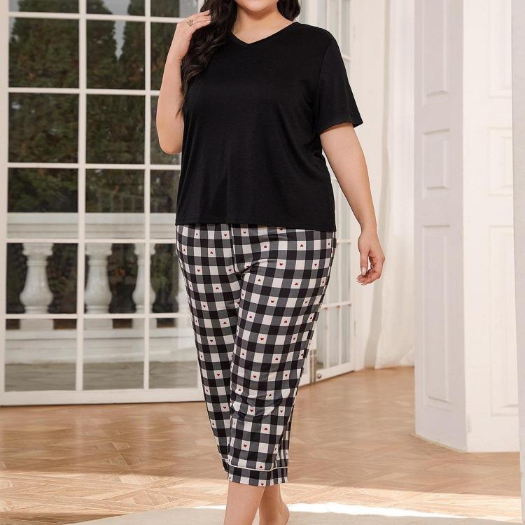 Plus Size Pajamas for Women 2 Piece Sleepwear Set Comfy V Neck Short Sleeve Shirt and Drawstring Long Pants Lounge Wear Home Sleeping Suites