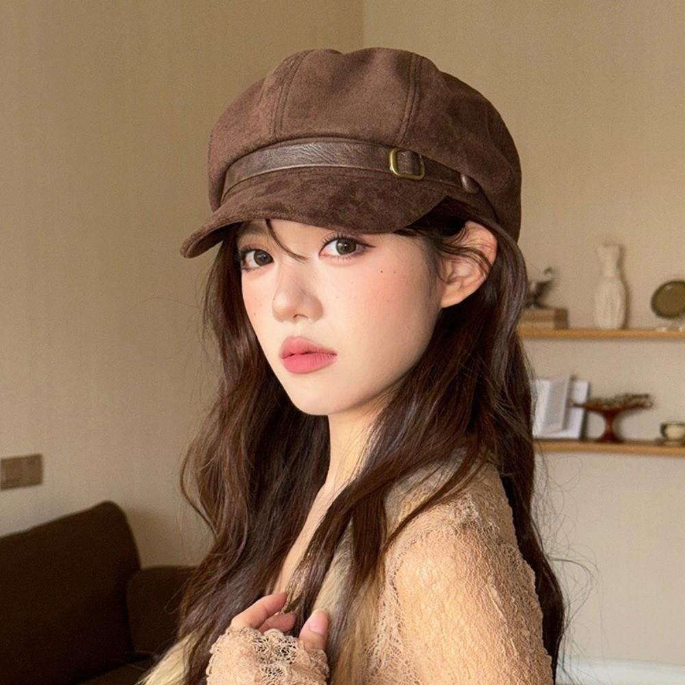 Flat Top Newsboy Hat Windproof Women Octagonal Hat Vintage Artist Hat  Autumn Winter