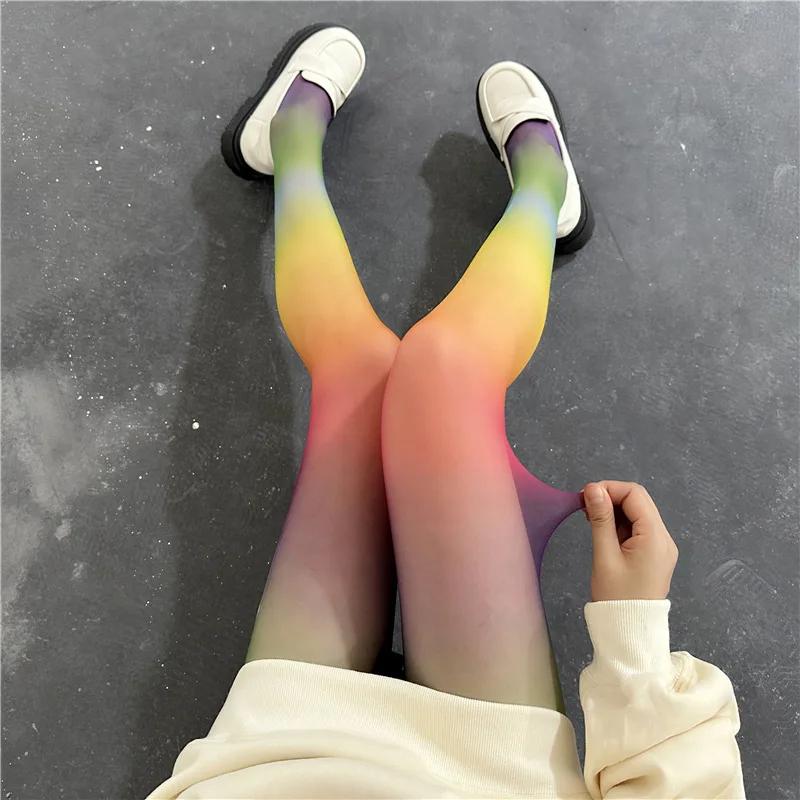 Tights Women Stockings Pantyhose Rainbow Socks Thin  Stripes Colorful Spring Autumn Gradient Pantyhose Party Gift