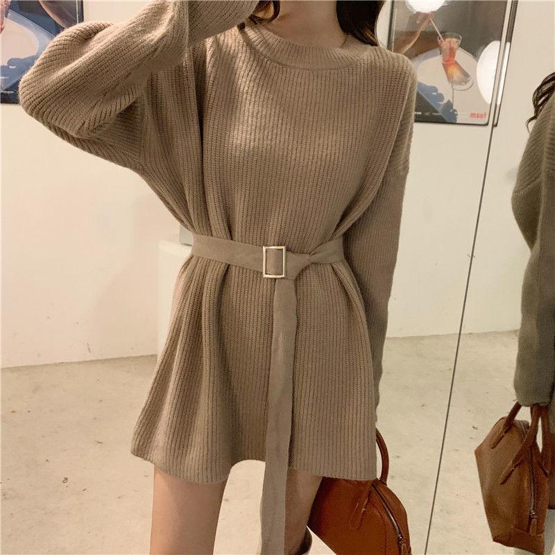 Women's Knit Dress Autumn Winter Simple Midi Sweater Dress Slim Fit Pullover Sweater Dress with Belt