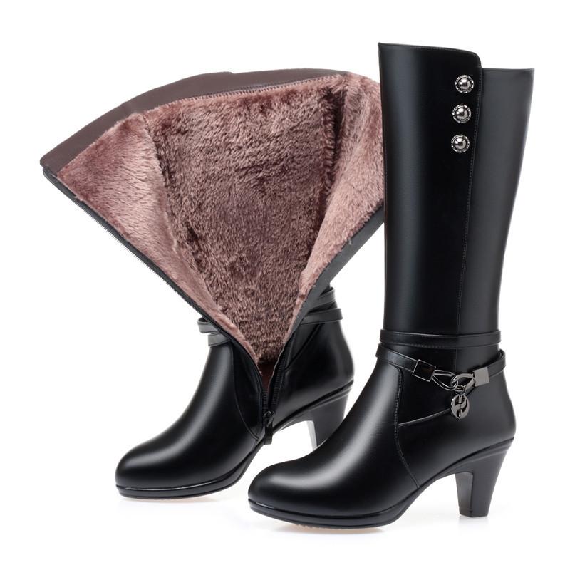 New Winter Footwear Genuine Leather Women's Boots Fashion Chain Wool Warm Boots Women High Heel Riding Boots Shoes Women