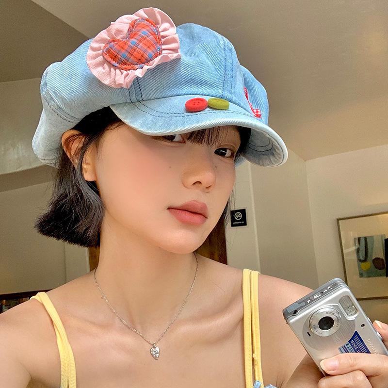2025 Japanese Button Denim Beret Women's Summer Sweet and Cute Sunshade Love Cloud Octagonal Hat
