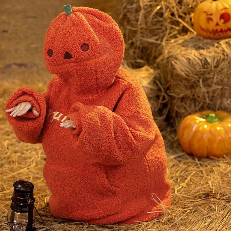 Women Round Neck Lamb Plush Halloween Decorated Hoodie Cute Pumpkin Shaped Embroidery Pellet Fleece Sweatshirt