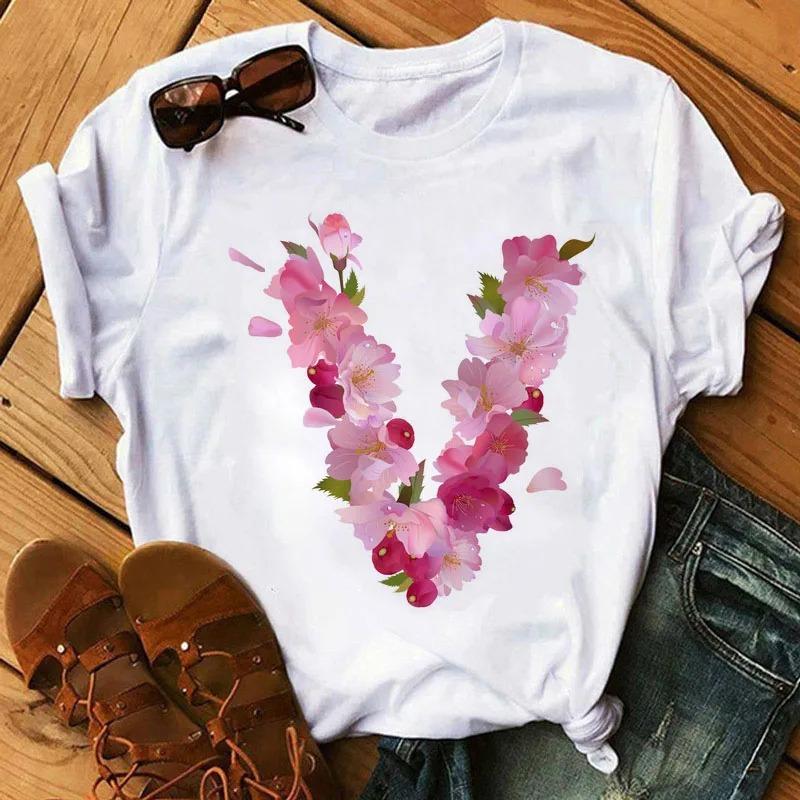 26 Letters Print T-Shirt Alphabet with Pink Flower Harajuku White Graphic Tee Casual Short Sleeve Lady Y2k Tops Women's Clothing