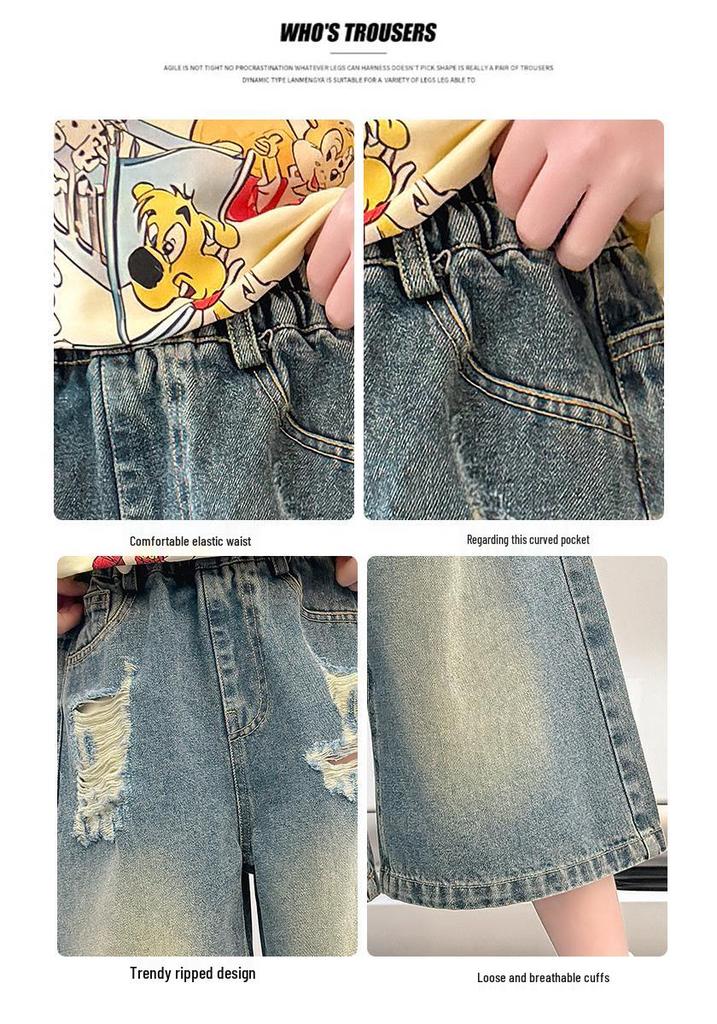Girls' Summer Denim Wide-Leg Capri Pants - Ripped Korean Style