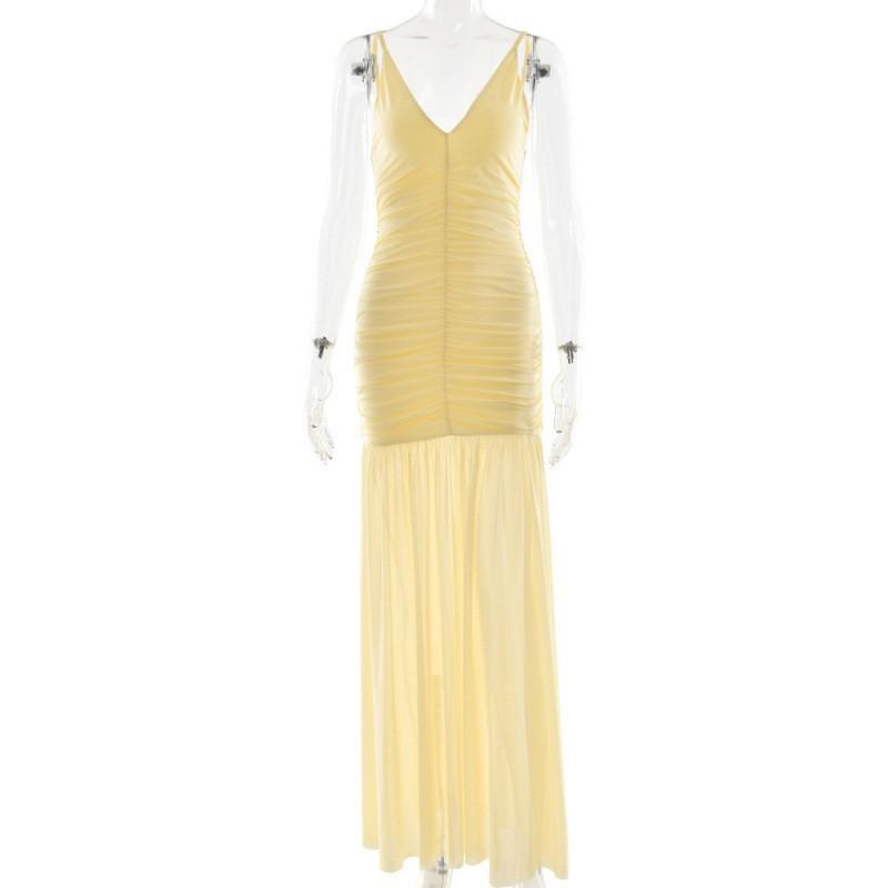 European American Style New Elegant Suspender Mesh Dress Sexy Deep V Pleated Splicing Backless Long S жёлтый