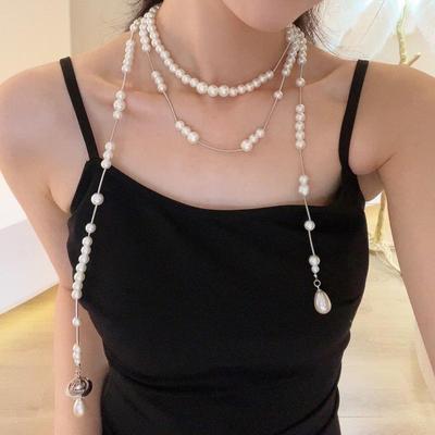 Asymmetric Three-Layer Pearl Sweater Chain Necklace Women'S French Style Multi-Layer High-End Clavicle Necklace