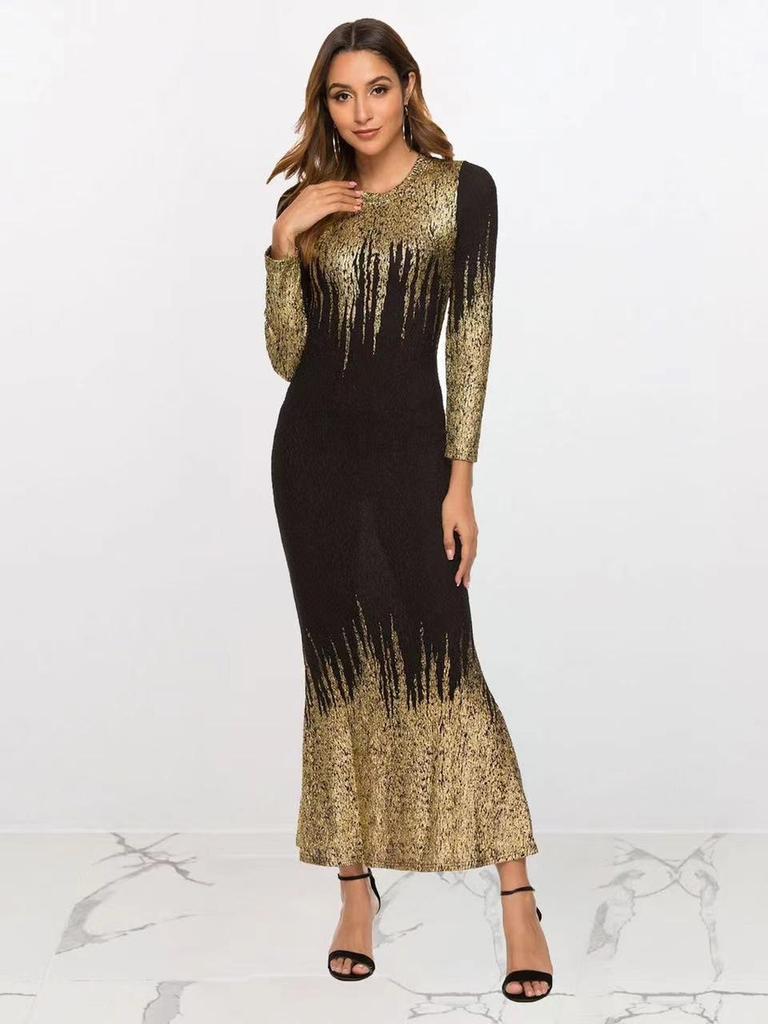 Nowa Sukienka z Nadrukiem Złotej Folii, Dopasowana, z Długim Rękawem, na Jesień/Zimę, Wieczorowa, z Trenem