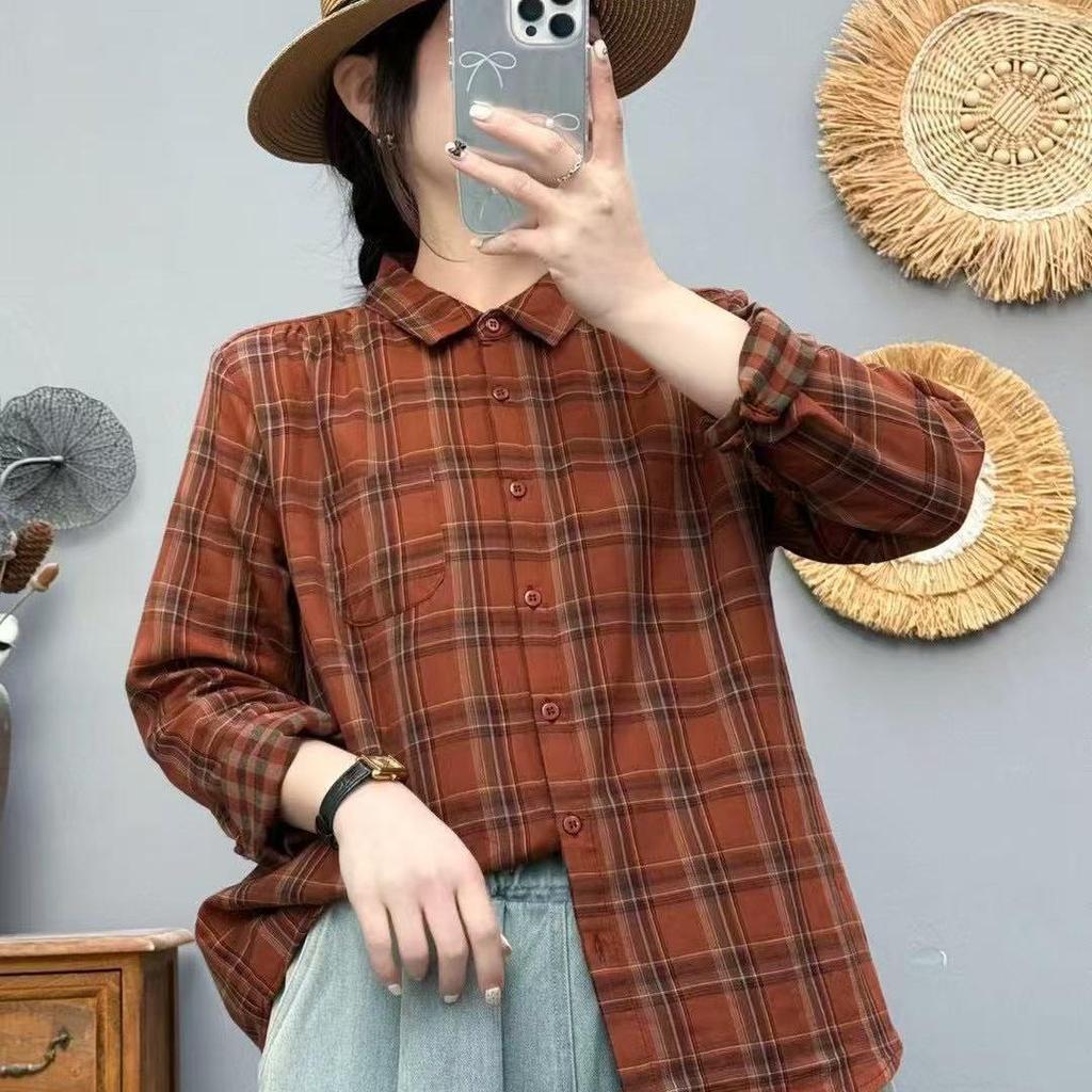 2025 Spring Women's Plaid Loose Casual Korean Style Academy Double Layer Gauze Long Sleeve Shirt
