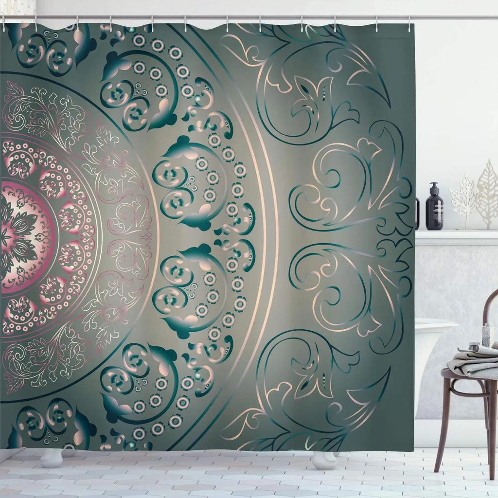 Mandala Shower Curtain,Vintage Cosmos Oriental Breeze Pattern Swirled Floral Leaves Cloth Fabric Bathroom Curtain Set with Hooks