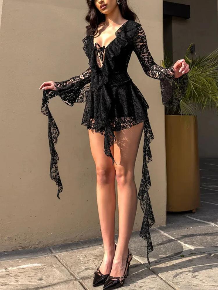 Summer Lace Ruffled Streamer Dress for Women Flare Long Sleeve V Neck Sexy Mini Dress See Through Fashion Elegant Dresses