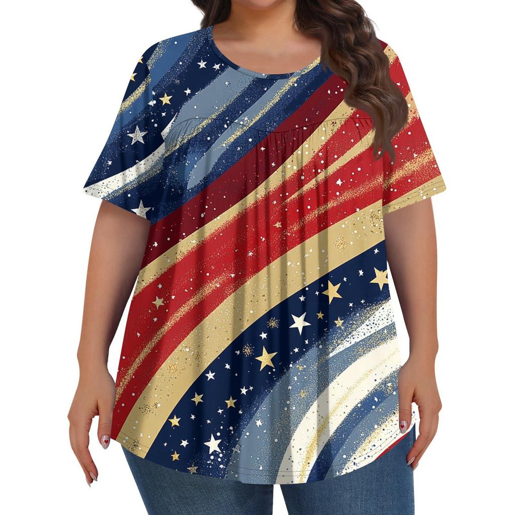 Damenmode, Übergröße, lässig, kurzärmliges Oberteil mit Rundhalsausschnitt und Falten vorne zum Unabhängigkeitstag-Aufdruck