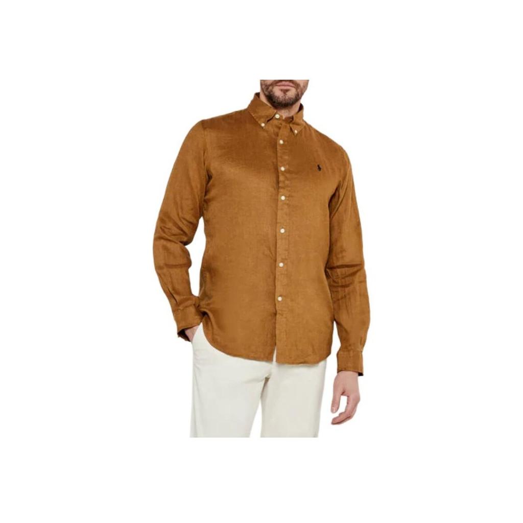 Polo Ralph Lauren Solid Color Embroidered Logo Polo Button Long Sleeve Shirt Men Shirts Khaki 710966294-016
