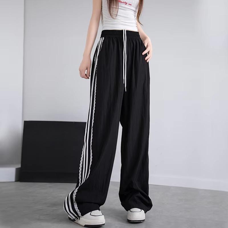 Korean Lace Patchwork Women's Trousers, Side Stripe Webbing Wide-Leg Pants, Casual Baggy Sweatpants, Women's Pants Trend 2026