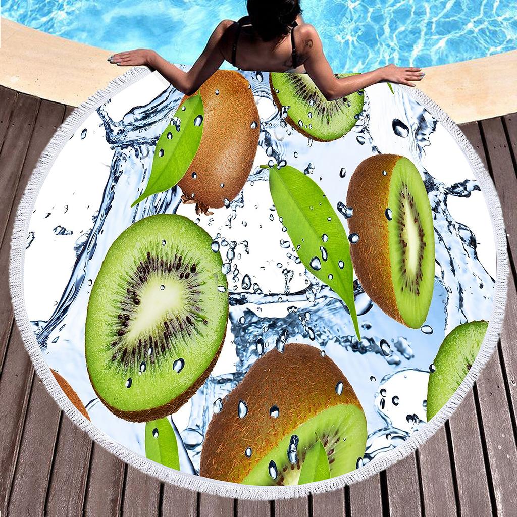Tropical Fruit Green Kiwi Round Beach Towel Microfiber Soft Beach Blanket Quick Dry Sand Free Multi-Purpose Circle Bath Towel