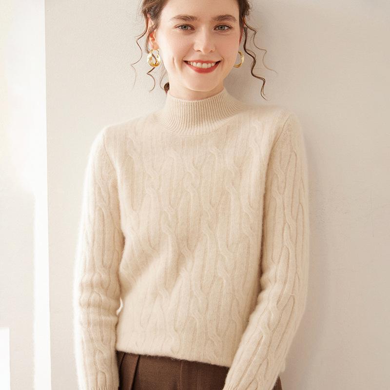 Women's Cashmere Cable Knit Sweater: Autumn/Winter Long Sleeve, Loose Fit, Half-High Neck, Thick and Warm Base Layer.