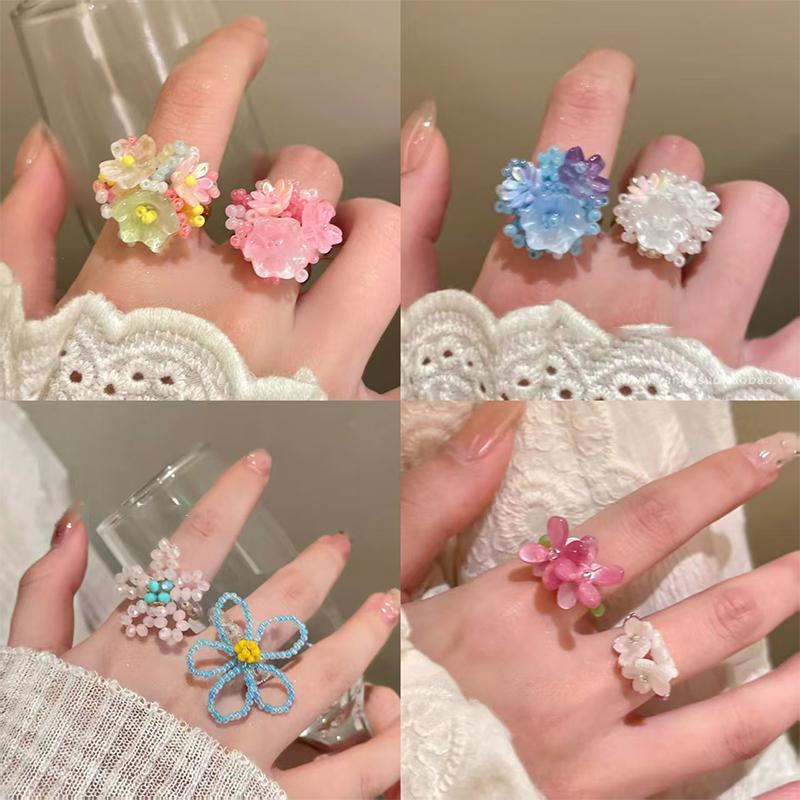 Colorful Beaded Flower Rings For Women Girls Korean  Sweet Large Flower Finger Rings Jewelry Aesthetic Y2K Accessories