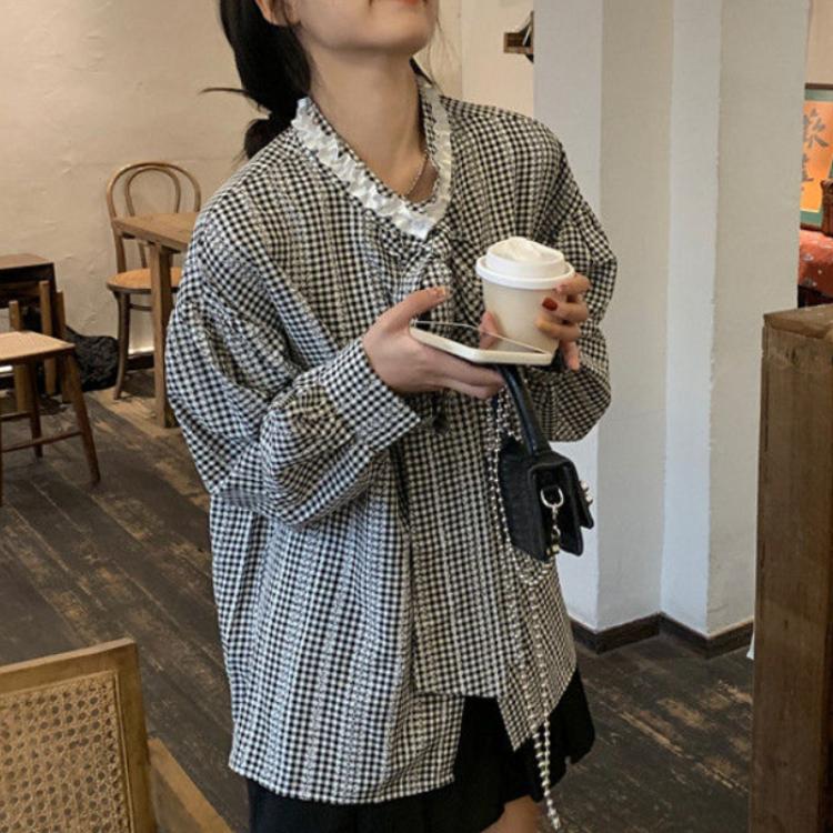 Wiosenne jesienne bluzki z długim rękawem zasznurowane Plaid Patchwork pojedyncze piersi koszule damskie dorywczo luźna odzież w stylu Preppy