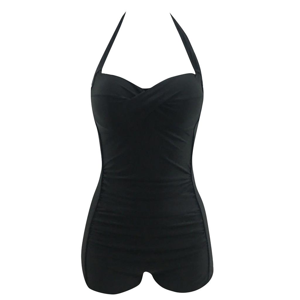 Einteiliger Neckholder-Badeanzug Raffung Design Bauchkontrolle Badebekleidung Retro-Stil Boyshort-Hose