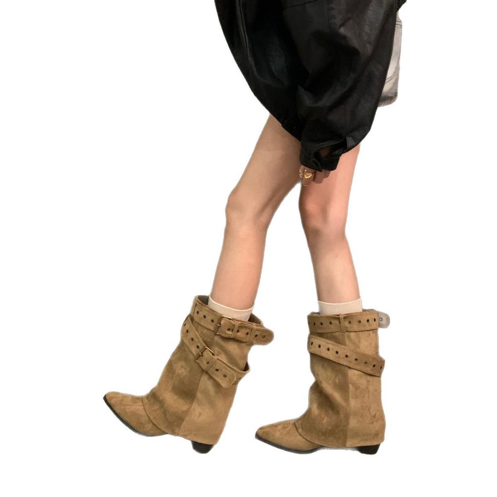2025 Autumn and Winter New Women's Shoes Retro Short Boots Women's Belt Buckle Pointed Sweet Cool Wind Sleeve Trouser Tube Boots Trend