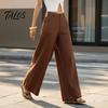 Bequeme Hose Baumwolle Leinen Weites Bein für Damen, Lockerer Knopf Elastischer Bund Arbeitsbund Freizeit Hose, Einfarbige Palazzo mit Taschen