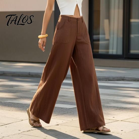 Bequeme Hose Baumwolle Leinen Weites Bein für Damen, Lockerer Knopf Elastischer Bund Arbeitsbund Freizeit Hose, Einfarbige Palazzo mit Taschen
